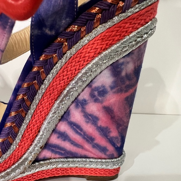 Never worn Christian Louboutin Multicolor Fabric Ankle Strap Platform Wedges - Picture 9 of 9